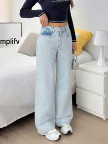 EURMUSE 女式高腰口袋直筒宽松休闲牛仔裤 - 淺色水洗藍 - 查看 6