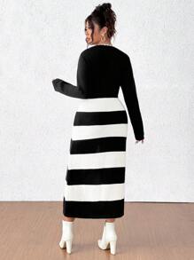Franclia Plus Size Damska Okrągły Dekolt Paski Patchwork Długi Rękaw Prosta Swobodna Elegancka Dzianinowa Sukienka, Na Zimę