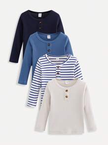 SHEIN 4 pezzi/confezione Magliette a maniche lunghe e collo rotondo per bambini maschi, confezione con combinazioni di più colori