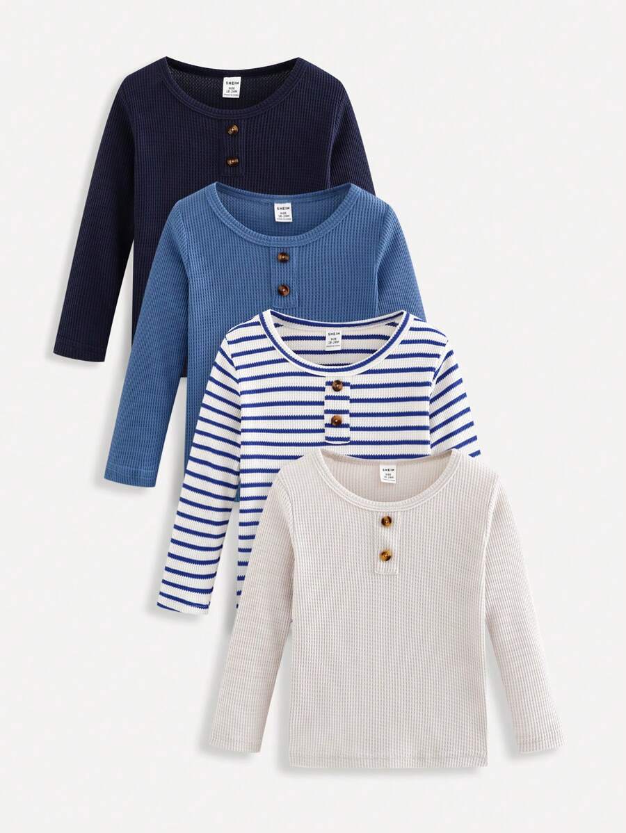 SHEIN 4 pezzi/confezione Magliette a maniche lunghe e collo rotondo per bambini maschi, confezione con combinazioni di più colori