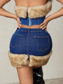 SHEIN SXY Jupe courte en denim bleu foncé versatile, moulante, sexy, chaude, amovible et à franges épaisses. Convient pour toutes les saisons, denim épais - Bleu azur - Voir 2
