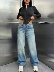 EURMUSE WOMEN STRAIGHT LOW WAIST JEANS - Medium Wash - View 6