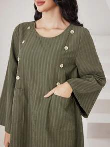 Al Najma 女式秋季休闲优雅宽松纽扣装饰喇叭袖连衣裙，朴素长袖休闲束腰阿拉伯连衣裙，适合日常休闲 - 綠色 - 查看 3