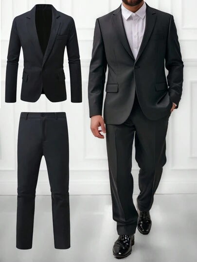 Calvornis 大码男士纯色翻领长袖夹克和裤子休闲西装套装，秋季