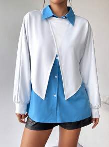 Chiquease 2 件套女士休闲纯色裹身上衣和长袖衬衫套装，秋季 - 藍色 - 查看 3