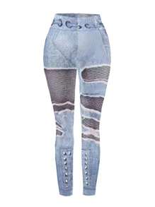 SHEIN Unity Full Pattern Elastic Waist Skinny Casual Pants Fall Cloth For Women - Blue - View 5