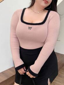 Dazy Plus Áo len chui đầu cổ tròn thêu nơ khối màu cỡ lớn, dành cho mùa đông, mùa thu dành cho phụ nữ - Hồng - Xem 3