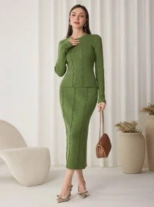 Modelyn 2pcs/Set Women Textured Fitted Elegant Knit Sweater Set 2 Pieces Set - Army Green - View 5