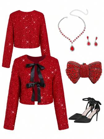 Ellevyn Lace-Up Two-Way Wear Sequin Christmas Jacket, Elegant For Party In Autumn/Winter
