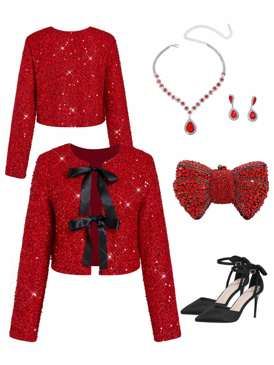 Ellevyn Lace-Up Two-Way Wear Sequin Christmas Jacket, Elegant For Party In Autumn/Winter - Red - View 1