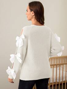 SHEIN 孕妇针织毛衣，粉色蝴蝶结长袖修身孕妇毛衣，秋冬 - 白色 - 查看 2