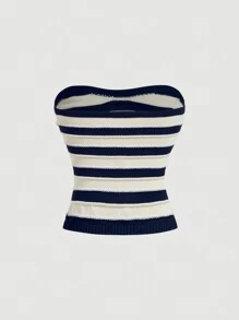 SHEIN MOD Black & White Striped Metal Button Decorated Knit Vest Top For Women - Navy Blue - View 2