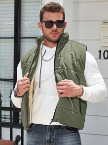 Manfinity Homme Plus Size Men's Solid Color Zip Pockets Sleeveless Padded Padded Coat, Autumn/Winter