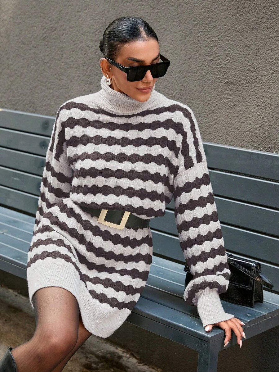 SHEIN Cottnline Knitwear Oversize Dress With Wavy Knit Pattern - Rust Brown - View 1