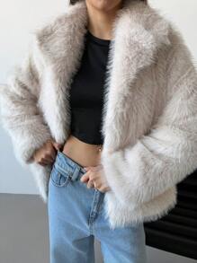 Aloruh Elegant Mid-Length Faux Fur Collar Front Open Cardigan Outerwear, Versatile For Skiing & Vacation - Beige - View 5