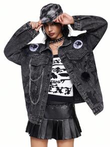 ROMWE Grunge Punk Grunge Punk Distressed Rock Band Party Denim Jacket With Washing, Chain, Embroidered Spider, And Fuzzy Star Eyes Decor, Oversized For Women