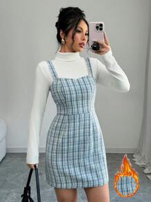 Chiquease 格子印花粗肩带保暖优雅复古无袖连衣裙迷你短款女装 - 藍色 - 查看 4