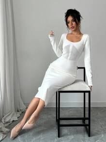 Calvaya Women's Autumn Square Collar Slim Fit Solid Sweater Dress