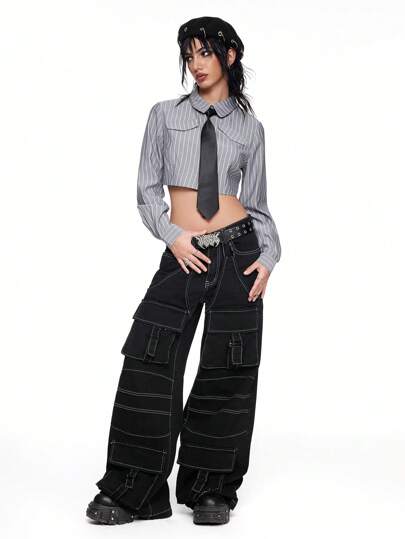 Grunge Punk Lässiges, vielseitiges Collegestyle feines gestreiftes Hemd mit abnehmbarem Kragen und Langarm