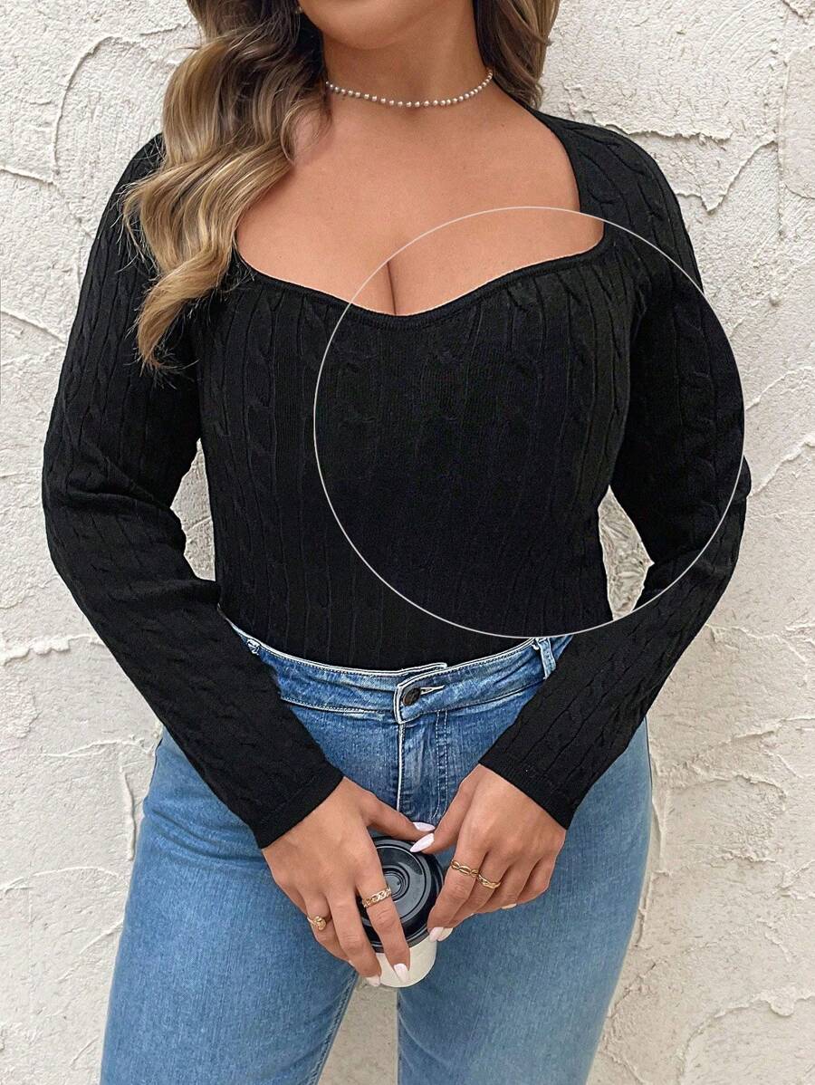 SHEIN Clasi Suéter holgado de punto sólido negro con cuello cuadrado ajustado y cuerda trenzada para mujeres talla grande, otoño/invierno - Negro - Ver 1