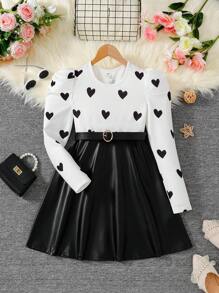 SHEIN Leap Crew فستان بنمط قلب مصنوع من الأكريليك بأكمام طويلة وياقة مستديرة، مع قطع من البولي يوريثان في الأسفل بتصميم خط A مع حزام، مناسب للارتداء اليومي، العودة إلى المدرسة، المناسبات غير الرسمية، للارتداء في فصلي الخريف والشتاء، مناسب لارتداء في عيد الميلاد