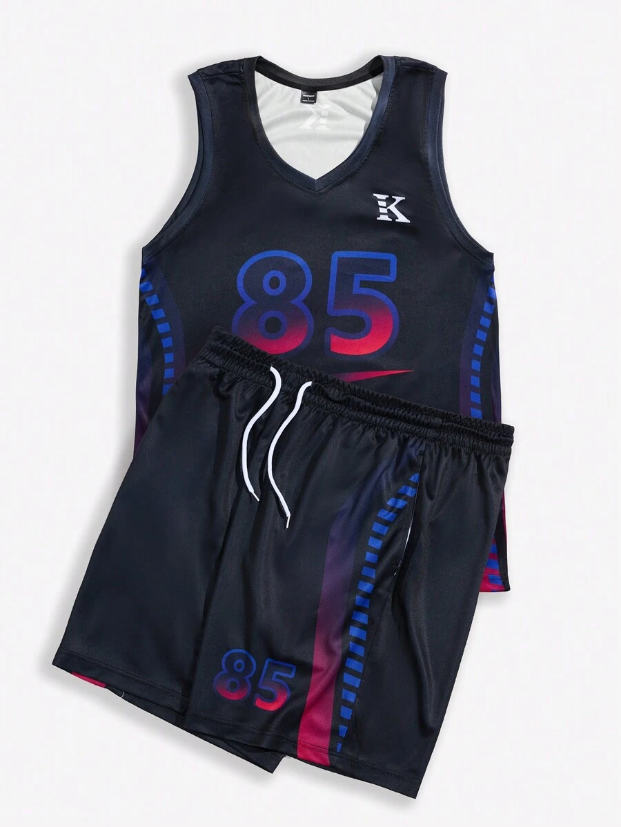 Manfinity Sport Corelite Bộ đồ thể thao nam kiểu Boyfriend gồm áo tank top cổ chữ V in số và quần short, thích hợp cho tập gym và tập luyện. - màu đen - Xem 1