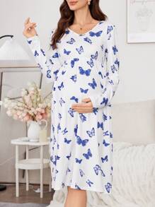Camisón de maternidad de manga larga, cuello en V, estilo holgado con estampado de mariposas