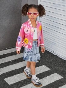 Young Girls Laser PU Jacket With Embroidered Graphic + Denim Pleated Skirt With Embroidered Graphic, Cool Matching 2-Piece Set - Pink - View 3