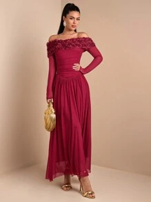 SHEIN BAE Đầm dài bodycon hở vai in hoa gợi cảm thanh lịch lãng mạn cho nữ, thích hợp cho hẹn hò, tiệc tùng, mặc hàng ngày, Giáng sinh, kỷ niệm, phù dâu, đám cưới - Màu Đỏ Sâu - Xem 6