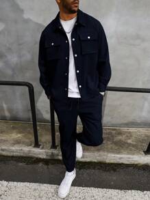 Manfinity Homme Plus Size Men Casual Snap Button Jacket And Pants Set, For Daily Outings, Autumn - Blue - View 4