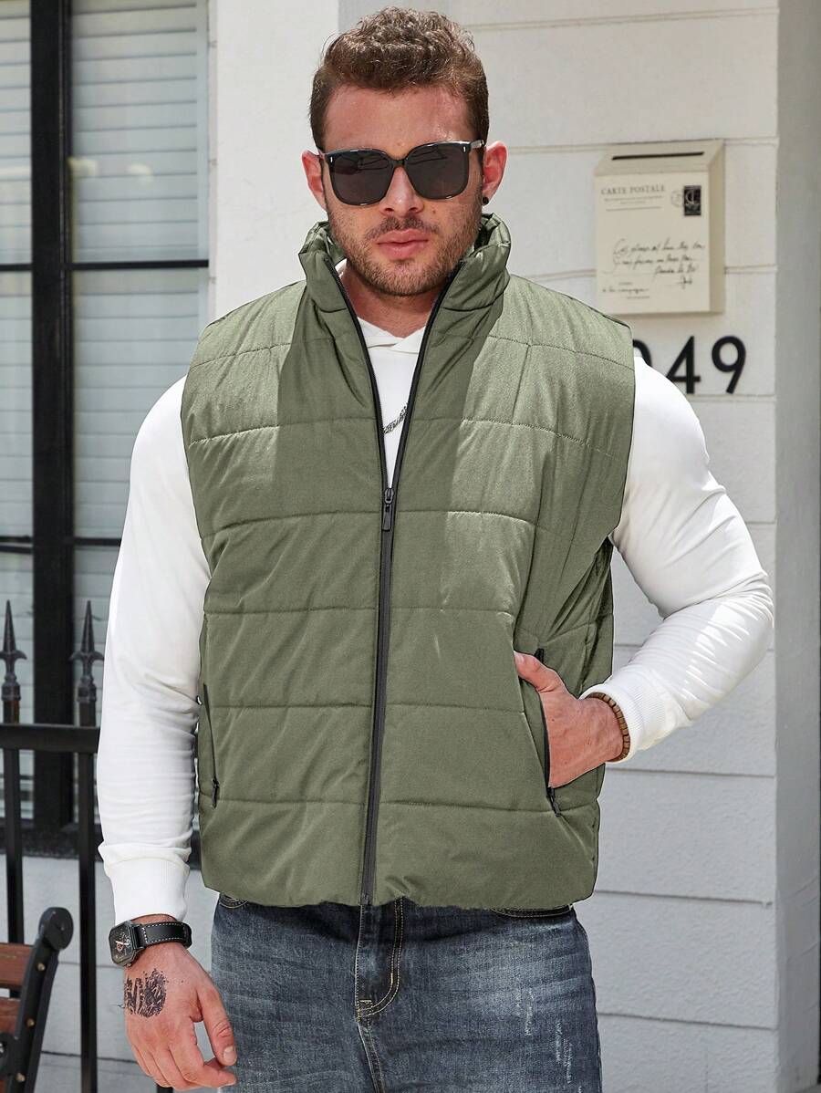 Manfinity Homme Plus Size Men's Solid Color Zip Pockets Sleeveless Padded Padded Coat, Autumn/Winter