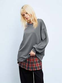 Lunelith SHEIN Lunessa 1 pieza Sudadera de manga larga con cuello redondo, diseño de dobladillo desgastado, estilo punk, otoño/invierno, gris y holgada para mujer