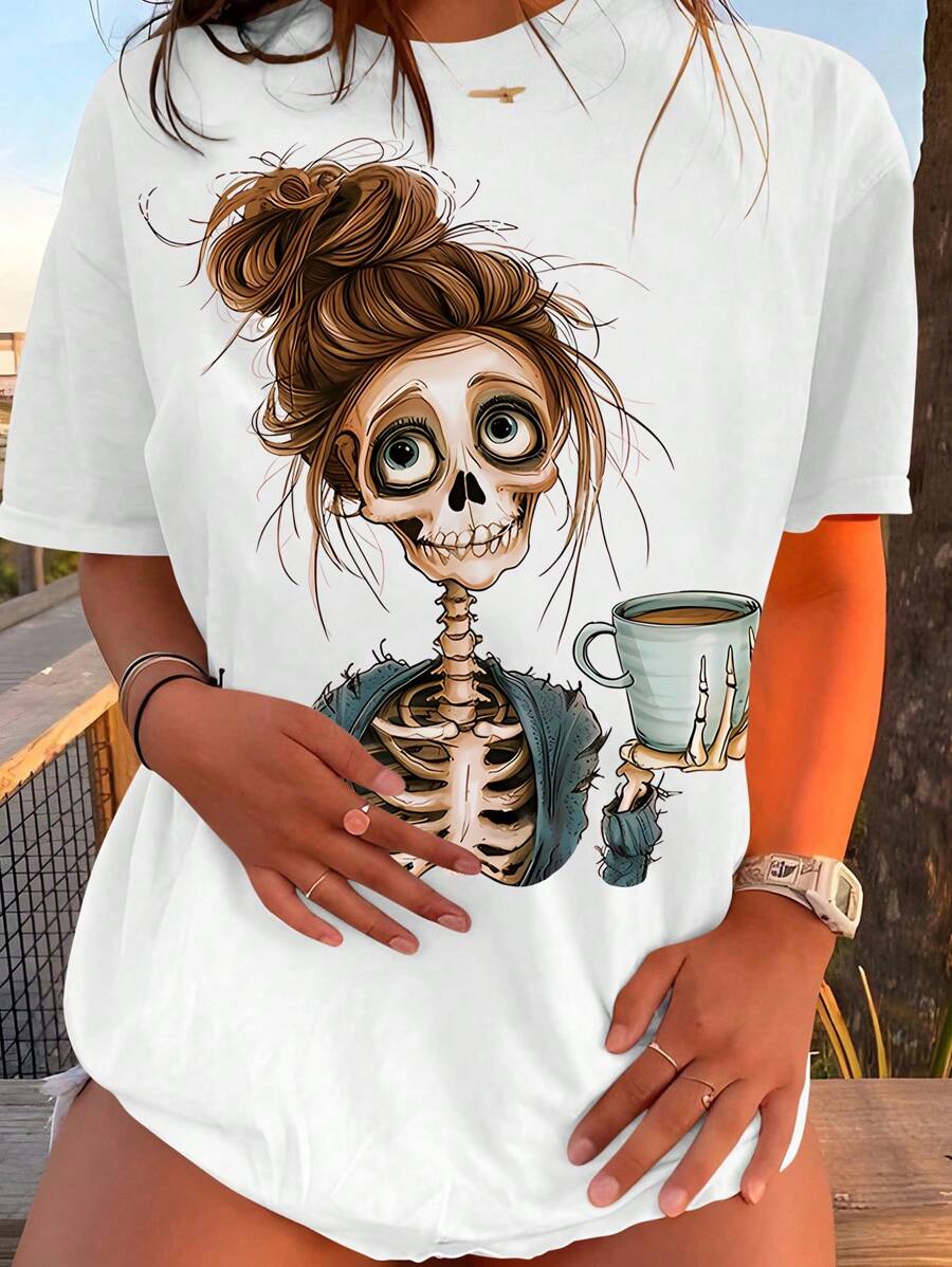 INAWLY Women Crew Neck Short Sleeve Casual Skeleton Print T-Shirt Graphic Tees Women Tops - White - View 1