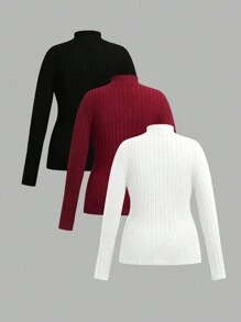 SHEIN EZwear 3 件装加大码羊毛圆领 T 恤，秋冬款 - 彩色 - 查看 2