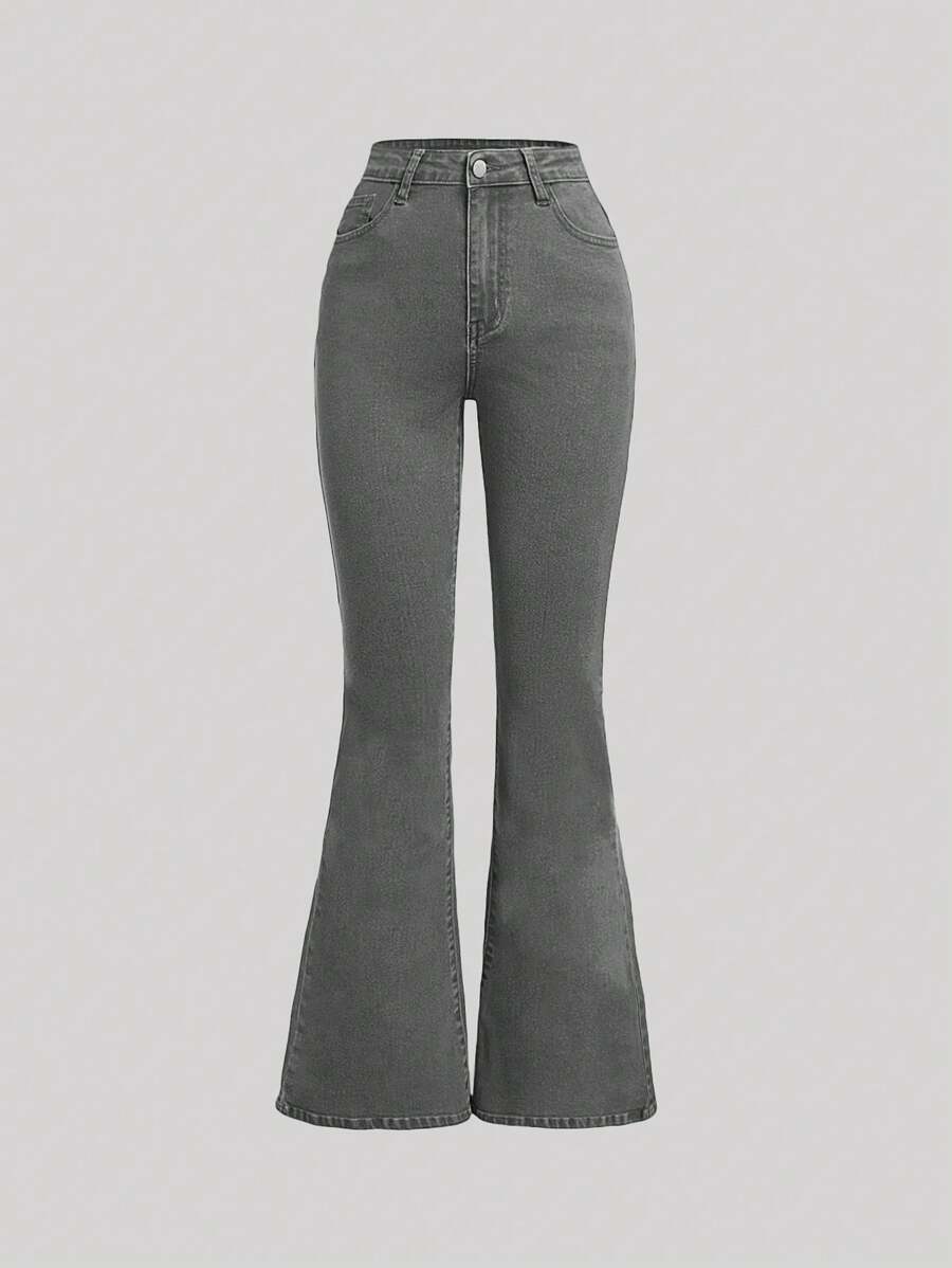 SHEIN Girlism 少女口袋喇叭腿休闲百搭牛仔裤 - 灰色 - 查看 1