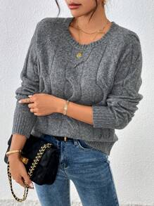 Chiquease Women's Dark Grey Crew Neck Twist Rope Thick Warm & Soft Pullover Sweater Knit Pullover Fall Winter - Dark Grey - View 5