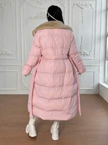 Flirla 连帽长款羽绒服，休闲保暖优雅，适合冬装，粉色 - 粉色 - 查看 2