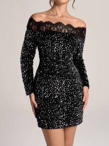 SHEIN Belle 女士露肩长袖蕾丝和亮片装饰休闲派对礼服，黑色 - 黑色 - 查看 6