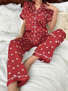 Heart Trimmed Faux Silk Short Sleeve Top & Pants Pajama Set, Vacation