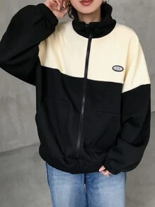 FRIFUL 女士秋冬字母图案撞色拉链前开襟夹克女式外套 - 黑色 - 查看 4