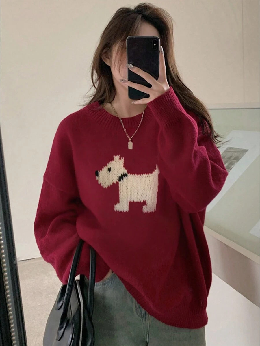 DAZY Women Loose Fit Round Neck Dog Pattern Knit Sweater,Fall Clothes Christmas,New Year