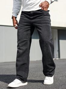 Manfinity Homme 大码男式直筒宽松休闲多口袋牛仔裤 - 黑色 - 查看 4