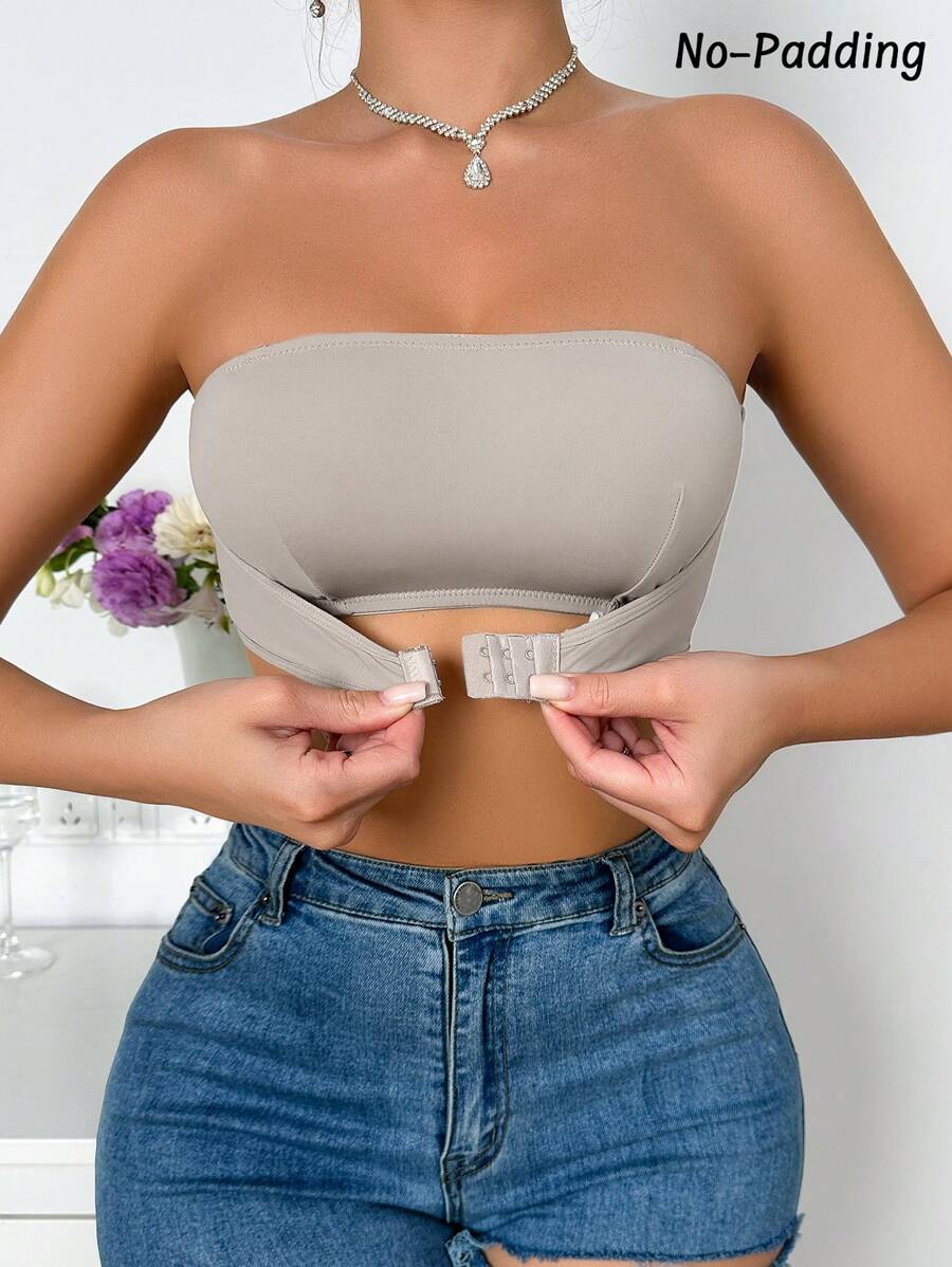 Solid Color Strapless Seamless Comfortable Front Buckle Bra Top - Light Grey - View 1