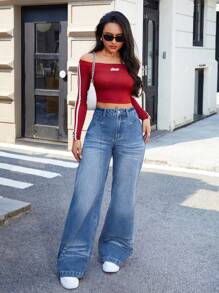 SHEIN Essnce Damen modische Retro Weit-Bein Jeans aus Denim