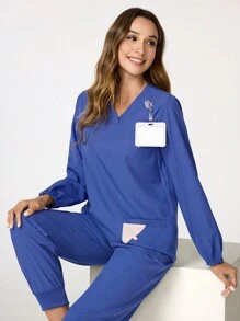 TaskEZ Women's Solid V-Neck Long Sleeve Pocket Design Casual Scrub Uniform Top - Blue - View 4