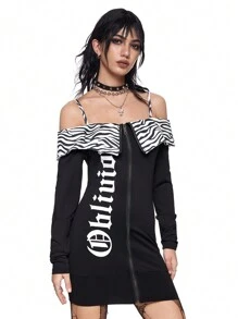 ROMWE Grunge Punk Y2K Style Sexy Cross Slogan Print Off-Shoulder Zebra-Striped Lapel Crop Top Bodycon Mini Dress - Black and White - View 1