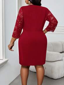 SHEIN Lady Autumn And Winter Elegant Sexy Work Party Cocktail Party Office Concert/Music Festival Black Knitted Asymmetrical Neck Slit Contrast Lace Short Three Quarter Length Sleeve Plus Size Dresses