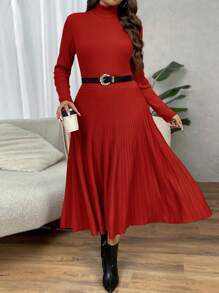 SHEIN Clasi 大码女式驼色和米色高领收腰 A 字型优雅通勤简约基本款长裙，适合感恩节和假期，适合冬季 - 紅色 - 查看 5