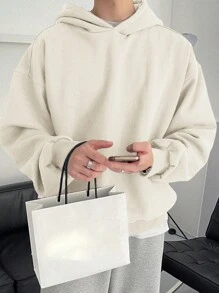 男士纯色休闲套头连帽衫，秋冬 - 白色 - 查看 3