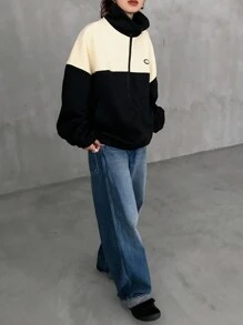 FRIFUL 女士秋冬字母图案撞色拉链前开襟夹克女式外套 - 黑色 - 查看 2